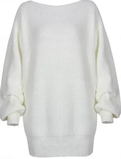 Women's Sweater Sweater Dress Casual Soft Pure Color Ribbed Off Shoulder Knitted Long Sleeve Long Tops Knit Outdoor Daily Weekend White Pink Fall Winter