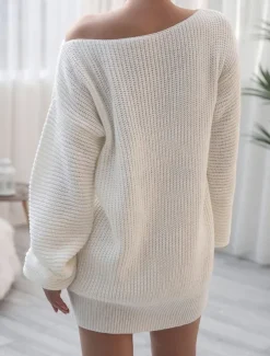 Women's Sweater Sweater Dress Casual Soft Pure Color Ribbed Off Shoulder Knitted Long Sleeve Long Tops Knit Outdoor Daily Weekend White Pink Fall Winter