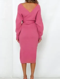 Women's Sweater Sweater Dress Casual Soft Pure Color Ribbed V Neck Lace up Split Knitted Long Sleeve Long Tops Knit Outdoor Daily Weekend Pink Khaki Fall Winter