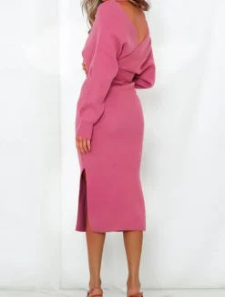 Women's Sweater Sweater Dress Casual Soft Pure Color Ribbed V Neck Lace up Split Knitted Long Sleeve Long Tops Knit Outdoor Daily Weekend Pink Khaki Fall Winter