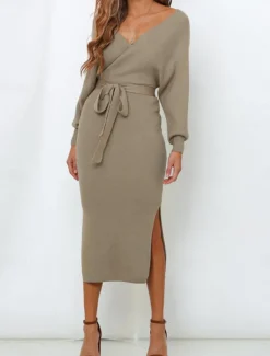 Women's Sweater Sweater Dress Casual Soft Pure Color Ribbed V Neck Lace up Split Knitted Long Sleeve Long Tops Knit Outdoor Daily Weekend Pink Khaki Fall Winter