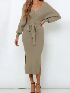 Women's Sweater Sweater Dress Casual Soft Pure Color Ribbed V Neck Lace up Split Knitted Long Sleeve Long Tops Knit Outdoor Daily Weekend Pink Khaki Fall Winter