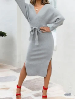 Women's Sweater Sweater Dress Casual Soft Pure Color Ribbed V Neck Lace up Split Knitted Long Sleeve Long Tops Knit Outdoor Daily Weekend Pink Khaki Fall Winter