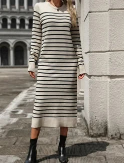 Women's Sweater Sweater Dress Casual Soft Striped Ribbed Crew Neck Knitted Long Sleeve Long Tops Knit Outdoor Daily Weekend Black White Fall Winter