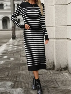 Women's Sweater Sweater Dress Casual Soft Striped Ribbed Crew Neck Knitted Long Sleeve Long Tops Knit Outdoor Daily Weekend Black White Fall Winter