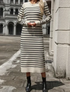 Women's Sweater Sweater Dress Casual Soft Striped Ribbed Crew Neck Knitted Long Sleeve Long Tops Knit Outdoor Daily Weekend Black White Fall Winter