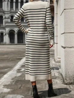 Women's Sweater Sweater Dress Casual Soft Striped Ribbed Crew Neck Knitted Long Sleeve Long Tops Knit Outdoor Daily Weekend Black White Fall Winter