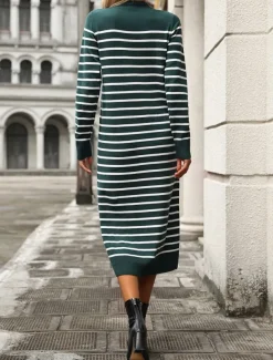 Women's Sweater Sweater Dress Casual Soft Striped Ribbed Crew Neck Knitted Long Sleeve Long Tops Knit Outdoor Daily Weekend Black White Fall Winter