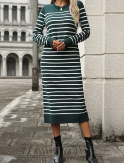 Women's Sweater Sweater Dress Casual Soft Striped Ribbed Crew Neck Knitted Long Sleeve Long Tops Knit Outdoor Daily Weekend Black White Fall Winter