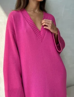 Women's Sweater Sweater Dress Casual Soft Pure Color Ribbed V Neck Knitted Long Sleeve Long Tops Knit Outdoor Daily Weekend Black Fuchsia Fall Winter