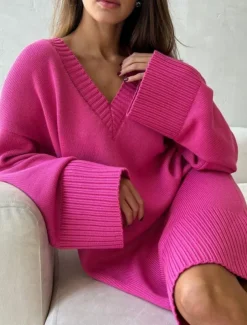 Women's Sweater Sweater Dress Casual Soft Pure Color Ribbed V Neck Knitted Long Sleeve Long Tops Knit Outdoor Daily Weekend Black Fuchsia Fall Winter