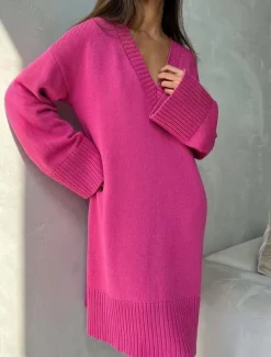 Women's Sweater Sweater Dress Casual Soft Pure Color Ribbed V Neck Knitted Long Sleeve Long Tops Knit Outdoor Daily Weekend Black Fuchsia Fall Winter