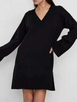 Women's Sweater Sweater Dress Casual Soft Pure Color Ribbed V Neck Knitted Long Sleeve Long Tops Knit Outdoor Daily Weekend Black Fuchsia Fall Winter