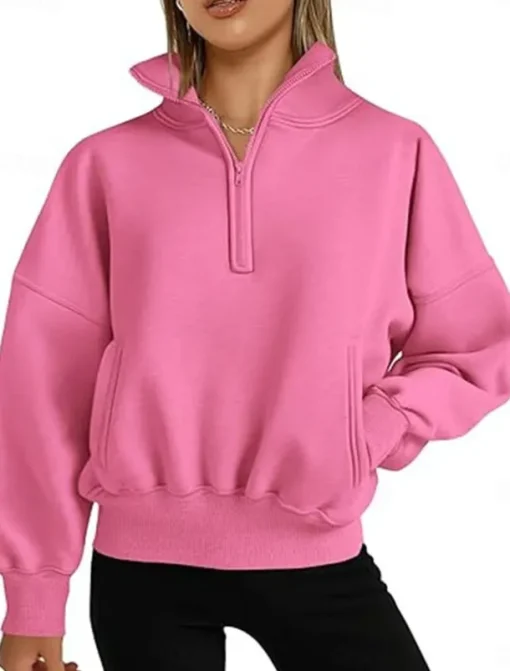 Women's Sweatshirt Casual Plain Street Dailywear Turtleneck Pocket Half Zip Long Sleeve White Pink Orange Fall Winter