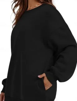 Women's Sweatshirt Casual Plain Street Dailywear Crew Neck Pocket Long Sleeve Black Pink Khaki Fall Winter