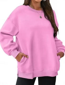 Women's Sweatshirt Casual Plain Street Dailywear Crew Neck Pocket Long Sleeve Black Pink Khaki Fall Winter
