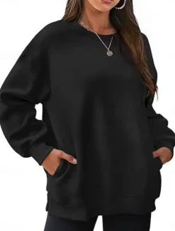 Women's Sweatshirt Casual Plain Street Dailywear Crew Neck Pocket Long Sleeve Black Pink Khaki Fall Winter