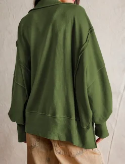 Women's Sweatshirt Casual Plain Street Dailywear V Neck Buttons Long Sleeve White Fuchsia Green Fall Winter