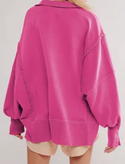 Women's Sweatshirt Casual Plain Street Dailywear V Neck Buttons Long Sleeve White Fuchsia Green Fall Winter