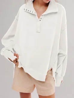 Women's Sweatshirt Casual Plain Street Dailywear V Neck Buttons Long Sleeve White Fuchsia Green Fall Winter