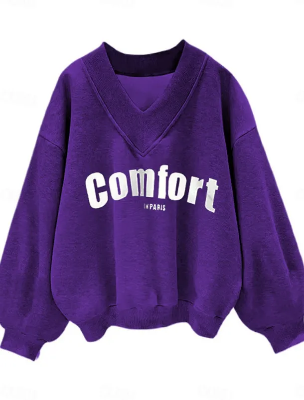 Women's Sweatshirt Casual Letter Street Dailywear V Neck Print Long Sleeve Black Purple Gray Fall Winter