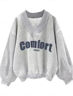 Women's Sweatshirt Casual Letter Street Dailywear V Neck Print Long Sleeve Black Purple Gray Fall Winter