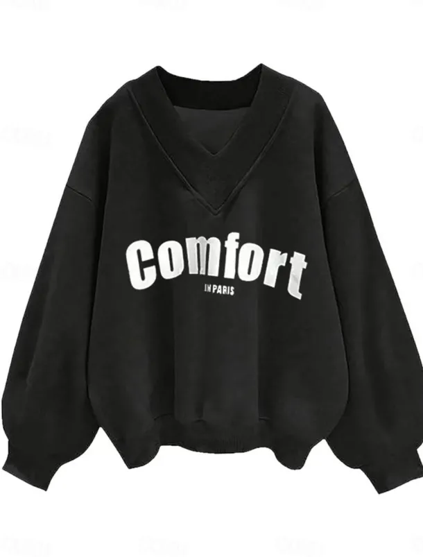 Women's Sweatshirt Casual Letter Street Dailywear V Neck Print Long Sleeve Black Purple Gray Fall Winter