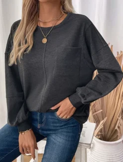 Women's Sweatshirt Casual Plain Street Dailywear Crew Neck Print Long Sleeve Dark Gray Fall Winter