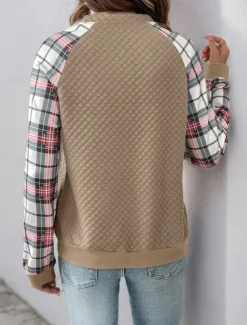 Women's Sweatshirt Casual Plaid Street Dailywear Crew Neck Zipper Print Long Sleeve Khaki Fall Winter