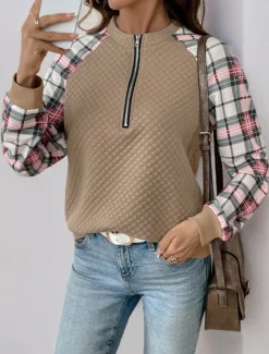 Women's Sweatshirt Casual Plaid Street Dailywear Crew Neck Zipper Print Long Sleeve Khaki Fall Winter
