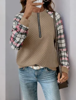 Women's Sweatshirt Casual Plaid Street Dailywear Crew Neck Zipper Print Long Sleeve Khaki Fall Winter