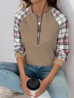Women's Sweatshirt Casual Plaid Street Dailywear Crew Neck Zipper Print Long Sleeve Khaki Fall Winter