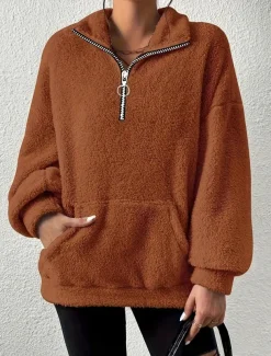 Women's Sweatshirt Casual Sherpa Fleece Plain Street Dailywear Turtleneck Pocket Half Zip Long Sleeve Brown Beige Gray Fall Winter
