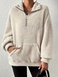 Women's Sweatshirt Casual Sherpa Fleece Plain Street Dailywear Turtleneck Pocket Half Zip Long Sleeve Brown Beige Gray Fall Winter