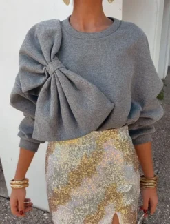 Women's Sweatshirt Casual Plain Street Dailywear Crew Neck Patchwork Long Sleeve Gray Fall Winter