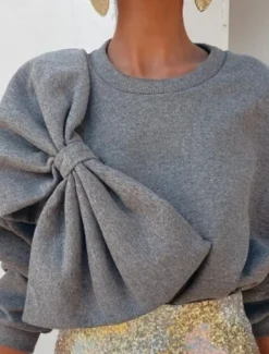 Women's Sweatshirt Casual Plain Street Dailywear Crew Neck Patchwork Long Sleeve Gray Fall Winter