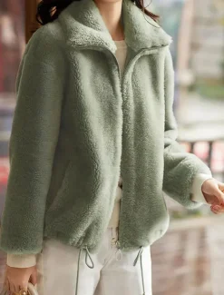 Women's Sweatshirt Casual Sherpa Plain Street Dailywear Turtleneck Zipper Pocket Long Sleeve White Light Green Khaki Fall Winter