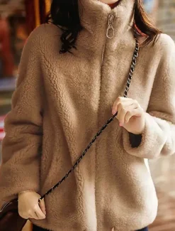 Women's Sweatshirt Casual Sherpa Plain Street Dailywear Turtleneck Zipper Pocket Long Sleeve White Light Green Khaki Fall Winter
