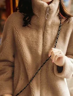 Women's Sweatshirt Casual Sherpa Plain Street Dailywear Turtleneck Zipper Pocket Long Sleeve White Light Green Khaki Fall Winter