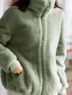 Women's Sweatshirt Casual Sherpa Plain Street Dailywear Turtleneck Zipper Pocket Long Sleeve White Light Green Khaki Fall Winter
