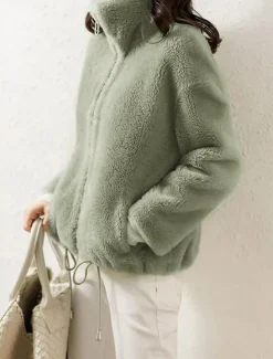 Women's Sweatshirt Casual Sherpa Plain Street Dailywear Turtleneck Zipper Pocket Long Sleeve White Light Green Khaki Fall Winter