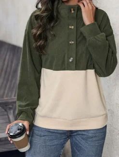 Women's Sweatshirt Casual Plain Street Dailywear V Neck Patchwork Buttons Long Sleeve Army Green Fall Winter
