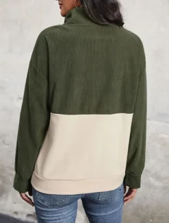 Women's Sweatshirt Casual Plain Street Dailywear V Neck Patchwork Buttons Long Sleeve Army Green Fall Winter