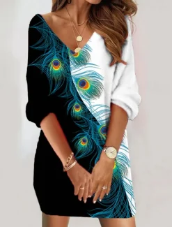 Women's Sweatshirt Dress Casual Dress Shift Dress Ombre Geometric Print V Neck Mini Dress Daily 3/4 Length Sleeve Spring Fall