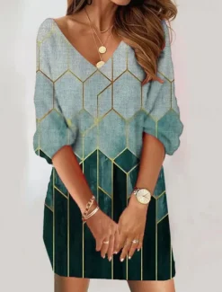 Women's Sweatshirt Dress Casual Dress Shift Dress Ombre Geometric Print V Neck Mini Dress Daily 3/4 Length Sleeve Spring Fall