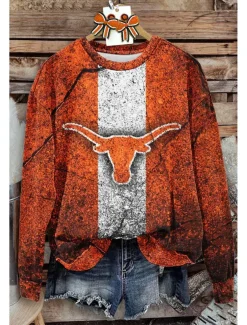 Women's Sweatshirt Fashion Western Retro Graphic Animal Cow Home Party Casual Round Neck Patchwork Print Long Sleeve Orange Fall & Winter