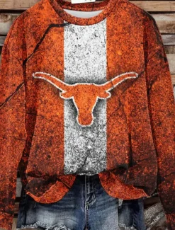 Women's Sweatshirt Fashion Western Retro Graphic Animal Cow Home Party Casual Round Neck Patchwork Print Long Sleeve Orange Fall & Winter