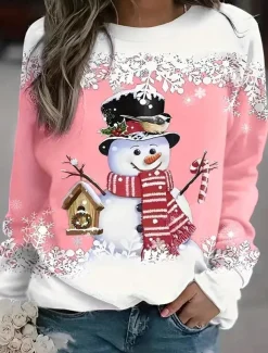 Women's Sweatshirt Long Sleeve Crew Neck Holiday Snowman Print Winter Casual Pink Top Festive Comfortable Regular Fit Apparel