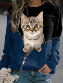 Women's Sweatshirt Pullover Cat 3D Print Casual Sports 3D Print Active Streetwear Hoodies Sweatshirts Blue Purple Black Comfrt Breathable Soft Fabric