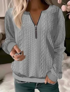 Women's Sweatshirt Pullover Casual Textured Plain Dailywear Crew Neck Quarter Zip Long Sleeve Black White Red Gray Fall & Winter